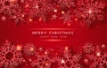 Christmas background with shining golden snowflakes and snow. Merry Christmas card illustration on red background Royalty Free Stock Photo