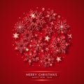 Christmas background with shining red snowflakes and snow. Circle shape. Merry Christmas card illustration on red background. Royalty Free Stock Photo