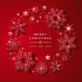 Christmas background with shining red snowflakes and snow. Merry Christmas card illustration. Sparkling red snowflakes Royalty Free Stock Photo