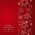 Christmas background with shining red snowflakes and snow. Merry Christmas card illustration on red background Royalty Free Stock Photo