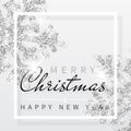 Christmas background with shining silver snowflakes and white frame. Merry Christmas and Happy New Year card. Vector Illustration Royalty Free Stock Photo