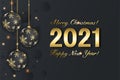 Christmas background with shining snowflake, ball and numerals 2021. Merry Christmas card illustration on black background with