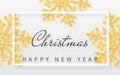 Christmas background with shining yellow snowflakes and white frame. Merry Christmas and Happy New Year card. Vector Illustration Royalty Free Stock Photo