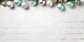 Christmas background with silver and blue baubles and pine branches on white wooden board Generative AI Royalty Free Stock Photo