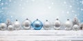 Christmas background with silver and blue christmas baubles on wooden board Generative AI Royalty Free Stock Photo