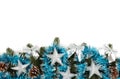 Christmas background with silver and blue decorations isolated on white background Royalty Free Stock Photo