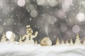 Christmas background with silver bokeh, falling snow, snowman, hut and magic forest in snowdrift Royalty Free Stock Photo