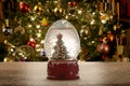 Christmas background: small Christmas tree on wooden table on the foreground and an out of focus Christmas tree on the background Royalty Free Stock Photo