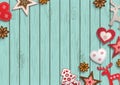 Christmas background, small scandinavian styled decorations lying on blue wooden backdrop, illustration