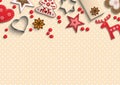 Christmas background, small scandinavian styled decorations lying on polka dot patterned backdrop, illustration Royalty Free Stock Photo