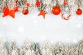 Christmas background with snow and bright Xmas decorations. Beautiful composition border card Royalty Free Stock Photo