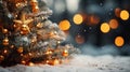 Christmas background with snow covered fir tree branches and bokeh lights Royalty Free Stock Photo