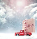 Christmas background with snow and retro car with gift box. Merry Christmas and happy New Year. Royalty Free Stock Photo