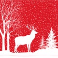 Christmas Background. Snow Winter Landscape With Deer. Merry Christmas Greeting Card.