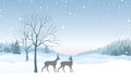 Christmas background. Snow winter landscape skyline with deers. Merry Christmas wallpaper design