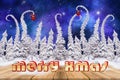 Christmas background with snowed twirled fir trees