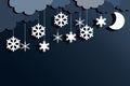 Christmas background with snowflakes, moon and clouds. Falling snowflakes on dark blue winter background. Merry Christmas, New Royalty Free Stock Photo