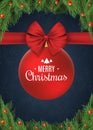 Christmas background with snowflakes. Red ball with a bow of tape. Christmas concept of fir tree and snow berries. Celebratory ban Royalty Free Stock Photo