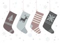 Christmas background with snowflakes and socks hanging on a rope. Cartoon vector hand drawn eps 10 illustration isolated Royalty Free Stock Photo