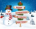 Christmas background with snowman and wooden sign Royalty Free Stock Photo