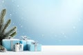 Christmas background with snowy Christmas trees, present boxes, snowflakes and empty space for text. New Year concept illustration Royalty Free Stock Photo