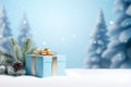 Christmas background with snowy Christmas trees, present boxes, snowflakes and empty space for text. New Year concept illustration Royalty Free Stock Photo