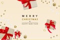 Christmas background. Christmas sparkling design with garland, gift box, shiny golden confetti, Pine cones. Happy New Year poster