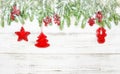 Christmas background. Spruce tree branches with red decoration