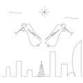 Christmas background with star, angels and city night landscape, vector illustration