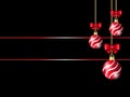 Black Christmas background. Red ribbon ball decoration with red bow including gold background- blank space for your text. Royalty Free Stock Photo