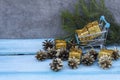 A supermarket trolley with shiny gift boxes stands against the background of green spruce branches. Royalty Free Stock Photo