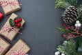 Christmas background with surprise gift boxes and copy space. Winter holidays with presents, top view, flat lay Royalty Free Stock Photo