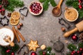Christmas background. Table for holiday baking cookies with ingredients