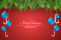 Christmas background. Template for your project. Blue balls. Snowy berries with a fir tree on a red background