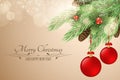 Christmas background with text. Merry Christmas and Happy New Year. Snow berries, fur tree, cones. Red realistic christmas balls. Royalty Free Stock Photo