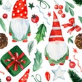 Christmas background, Toy Santa, elf, holly, bows. Watercolor drawings, Seamless pattern