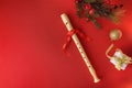 Christmas background of traditional plastic recorder top view