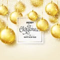 Christmas Background With Tree Balls And Snow. Golden Ball. New Year. Winter holidays. Season Sale Decoration. Gold Xmas Royalty Free Stock Photo