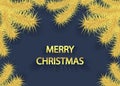 Christmas background with tree branch or branch of spruce gold on dark