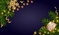 Christmas background with Christmas tree branches, luminous garlands, a gift, gold snowflake and gold tinsel