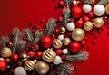 Christmas background with tree branches and Xmas baubles on red surface. Merry christmas card. Happy New Year. Generative Ai Royalty Free Stock Photo