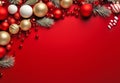 Christmas background with tree branches and Xmas baubles on red surface. Merry christmas card. Happy New Year. Generative Ai Royalty Free Stock Photo