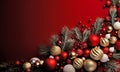 Christmas background with tree branches and Xmas baubles on red surface. Merry christmas card. Happy New Year. Generative Ai Royalty Free Stock Photo