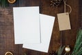 Christmas background with two blank cards, price tag and decorations Royalty Free Stock Photo