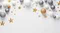 Christmas Background Wallpaper Card with Christmas Tree Spheres and Stars in gold, silver and grey Royalty Free Stock Photo