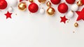 Christmas Background Wallpaper Card with Christmas Tree Spheres and Stars in gold, white and red on bright background Royalty Free Stock Photo