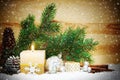 Christmas background with white advent candle. Royalty Free Stock Photo