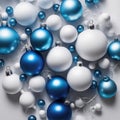 Christmas background. White and Blue Christmas toys.