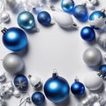 Christmas background. White and Blue Christmas toys. Space for text. White background.