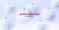 Christmas background with white 3d render Christmas balls with snowflakes decor hanging from top